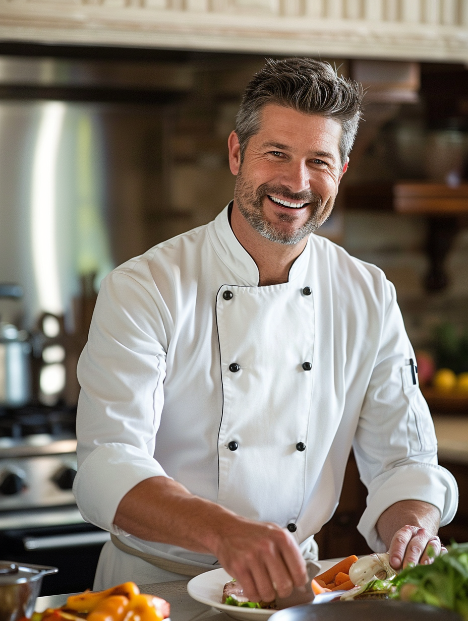 American chef Danny smiling while preparing food in a cozy kitchen