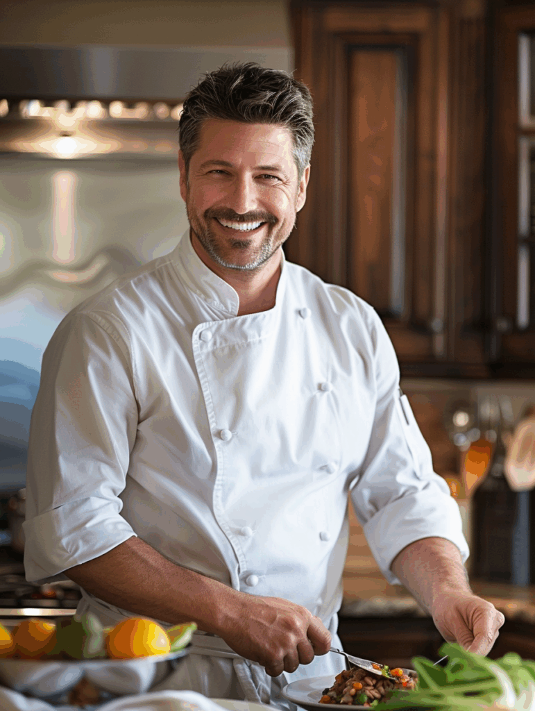 Chef Danny arranging fresh vegetables and herbs on a rustic counter
