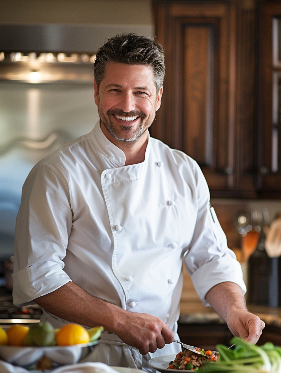 Chef Danny arranging fresh vegetables and herbs on a rustic counter