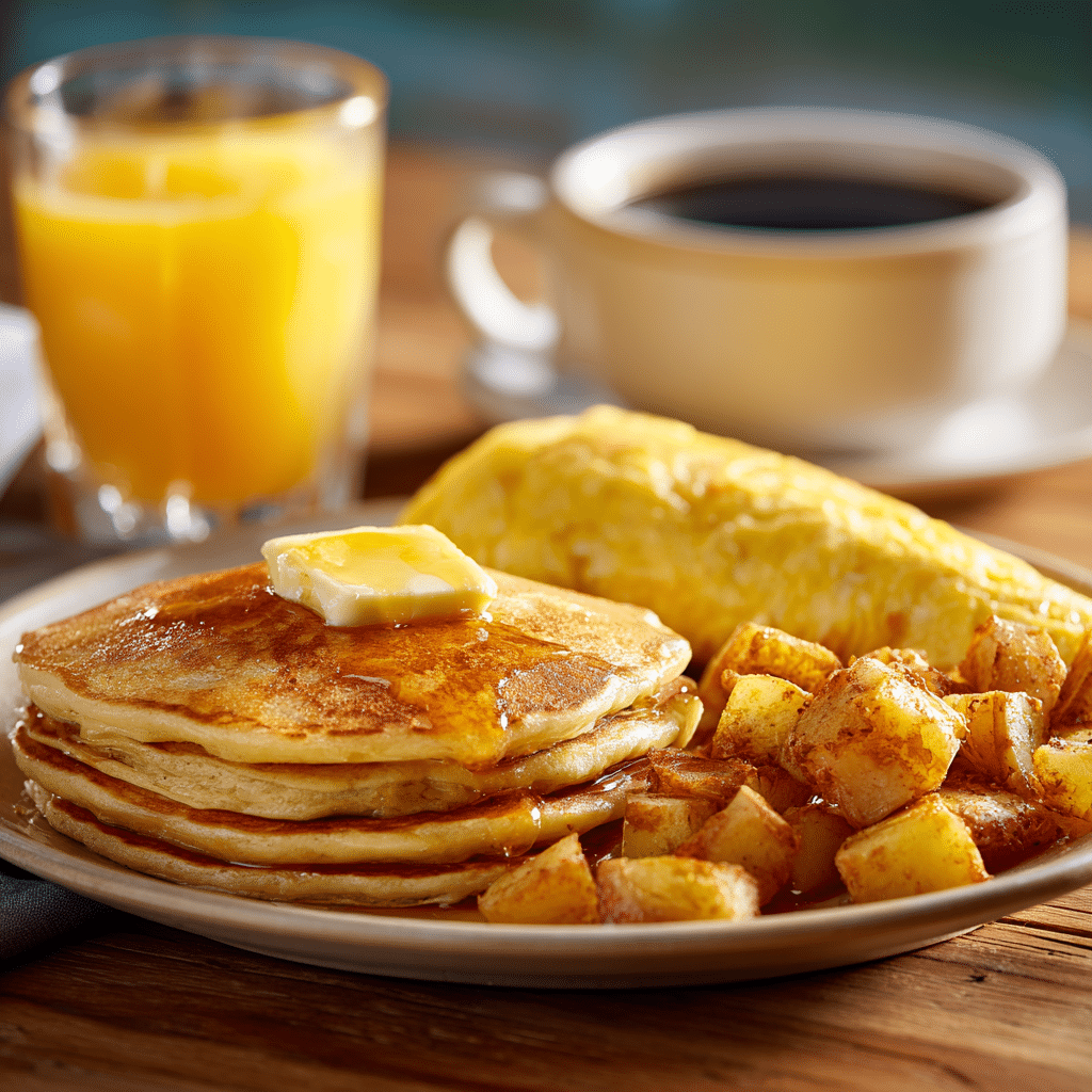 Classic American breakfast with pancakes, omelette, potatoes, orange juice, and coffee