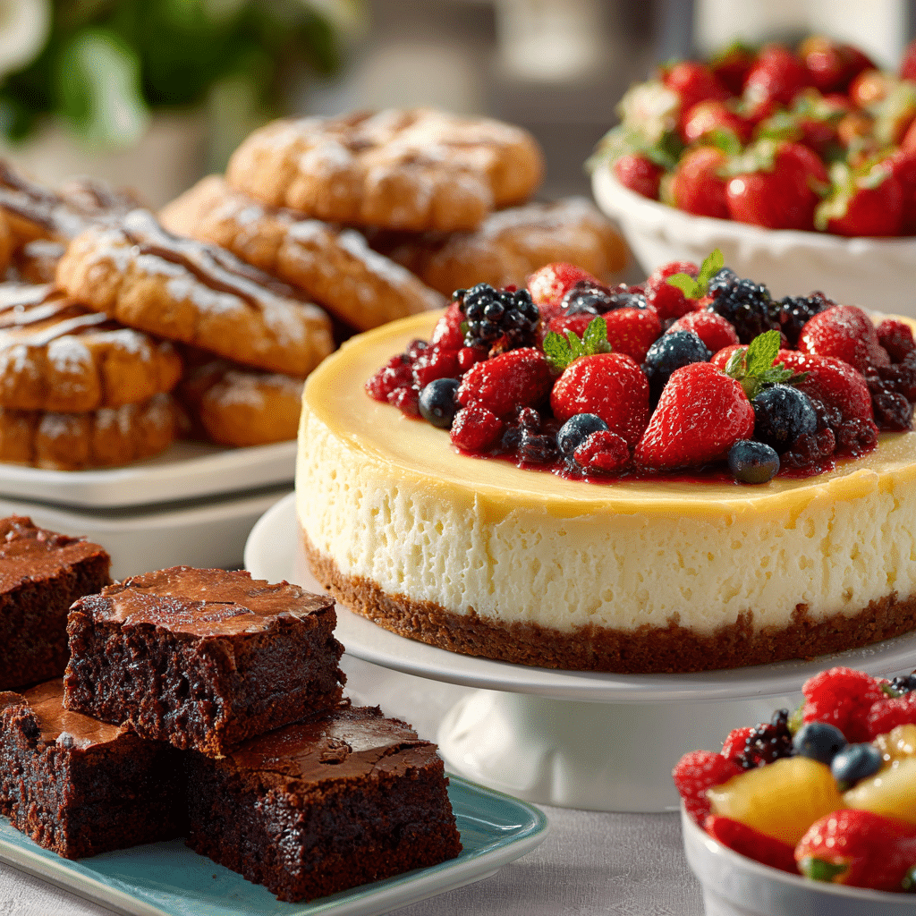 American desserts with cheesecake, berries, brownies, and cookies