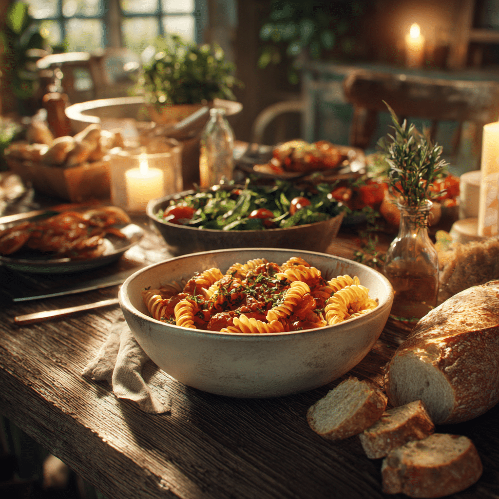 Family style dinner with pasta, salad, and bread on a rustic table
