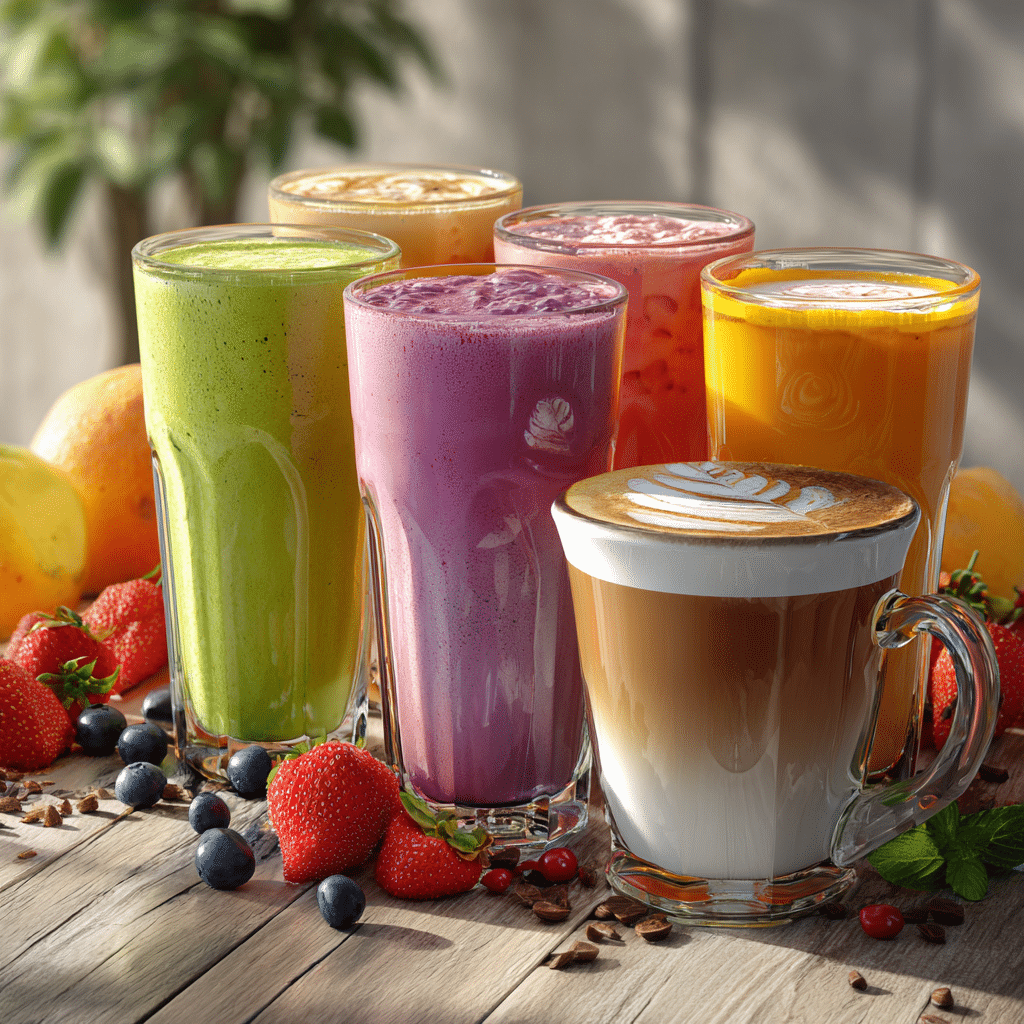 Fresh juices, smoothies, and coffee drinks on wooden table