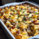 Breakfast Casserole with Turkey Sausage, Smoked Turkey Bacon and Cheddar Cheese