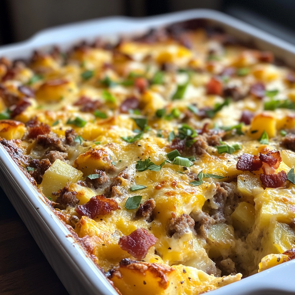 Breakfast Casserole with Turkey Sausage, Smoked Turkey Bacon and Cheddar Cheese